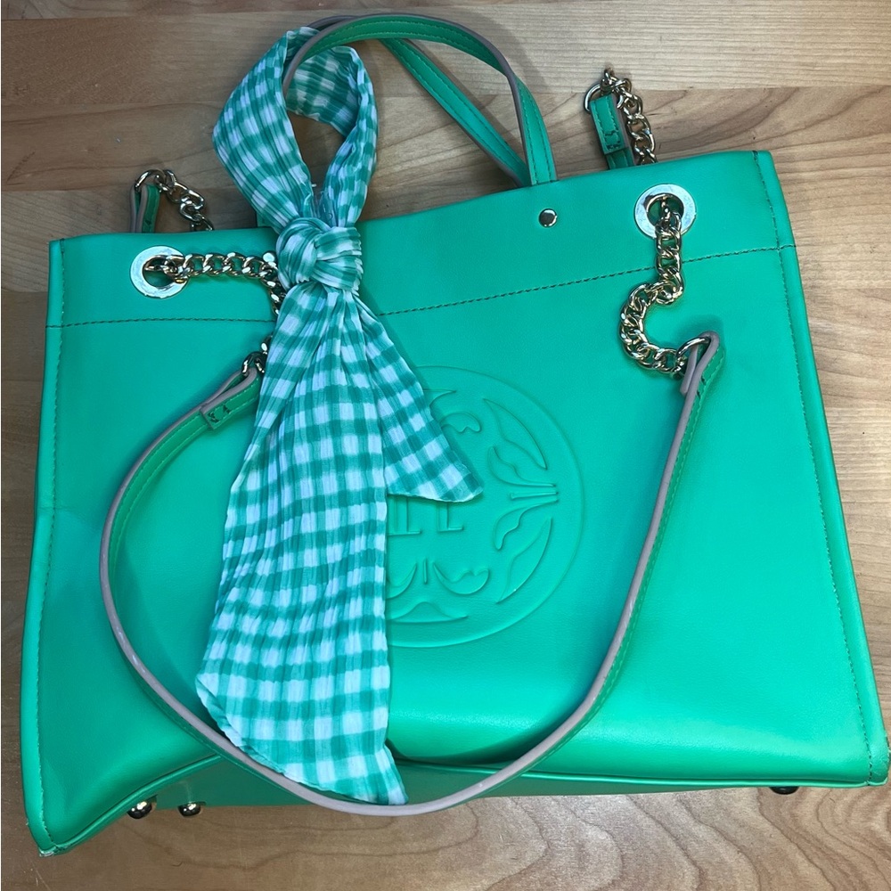 Nanette Lepore Teal Green Tote with Gold Chain Handles
